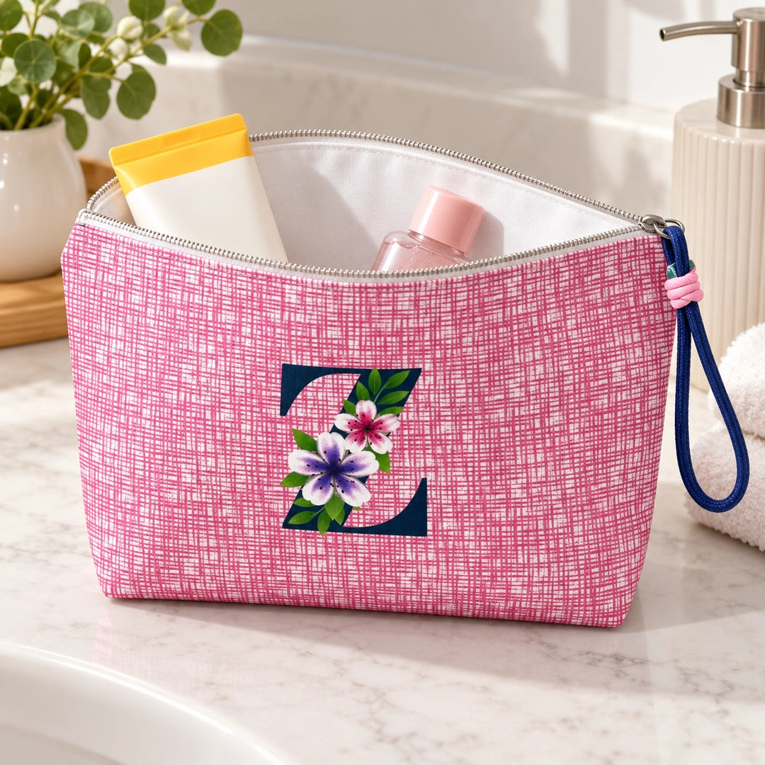 Bolsa Vera rosa letra Z — aberta em utilização, com interior branco