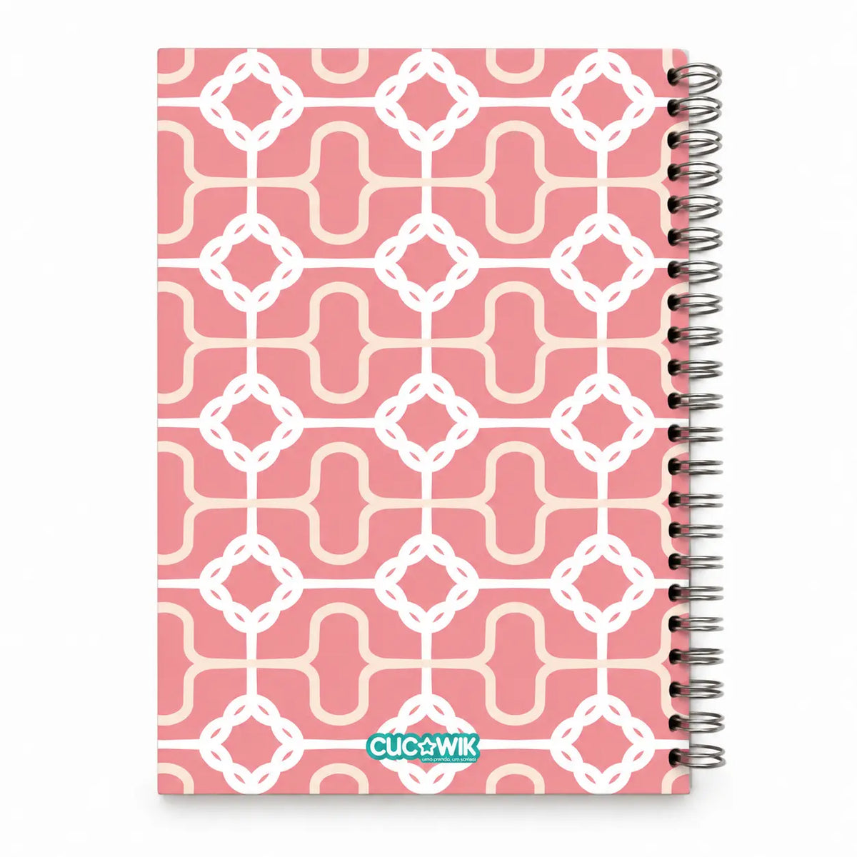 Caderno A5 com Argolas Metálicas Nós Corda Salmão Branco Rosa – contracapa | Cucawik