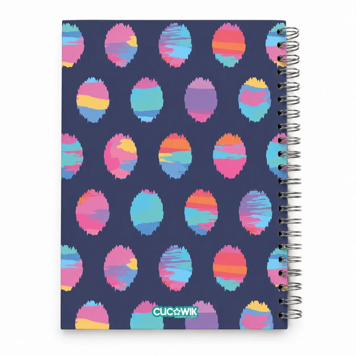 Caderno A5 com Argolas Metálicas Ovais Rosa Roxo Azul – contracapa | Cucawik