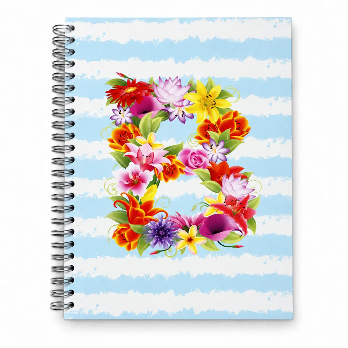 Caderno de argolas A5 com a letra B na capa, padrão floral com flores coloridas em tons suaves sobre fundo azul | Cucawik