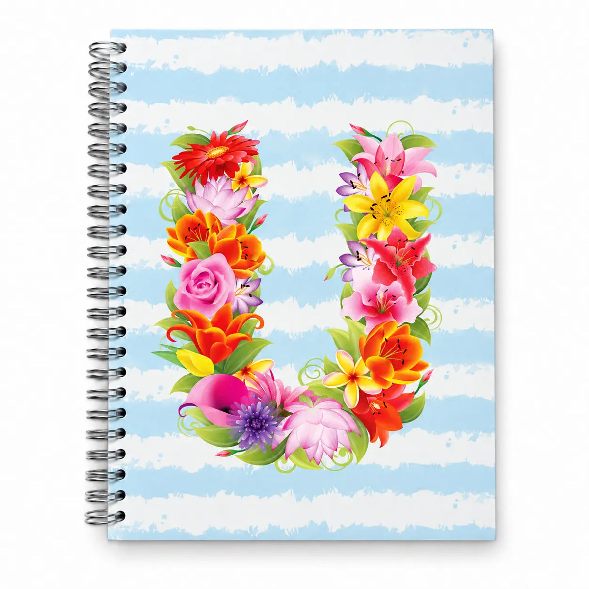 Caderno de argolas A5 com a letra U na capa, padrão floral com flores coloridas em tons suaves sobre fundo azul | Cucawik