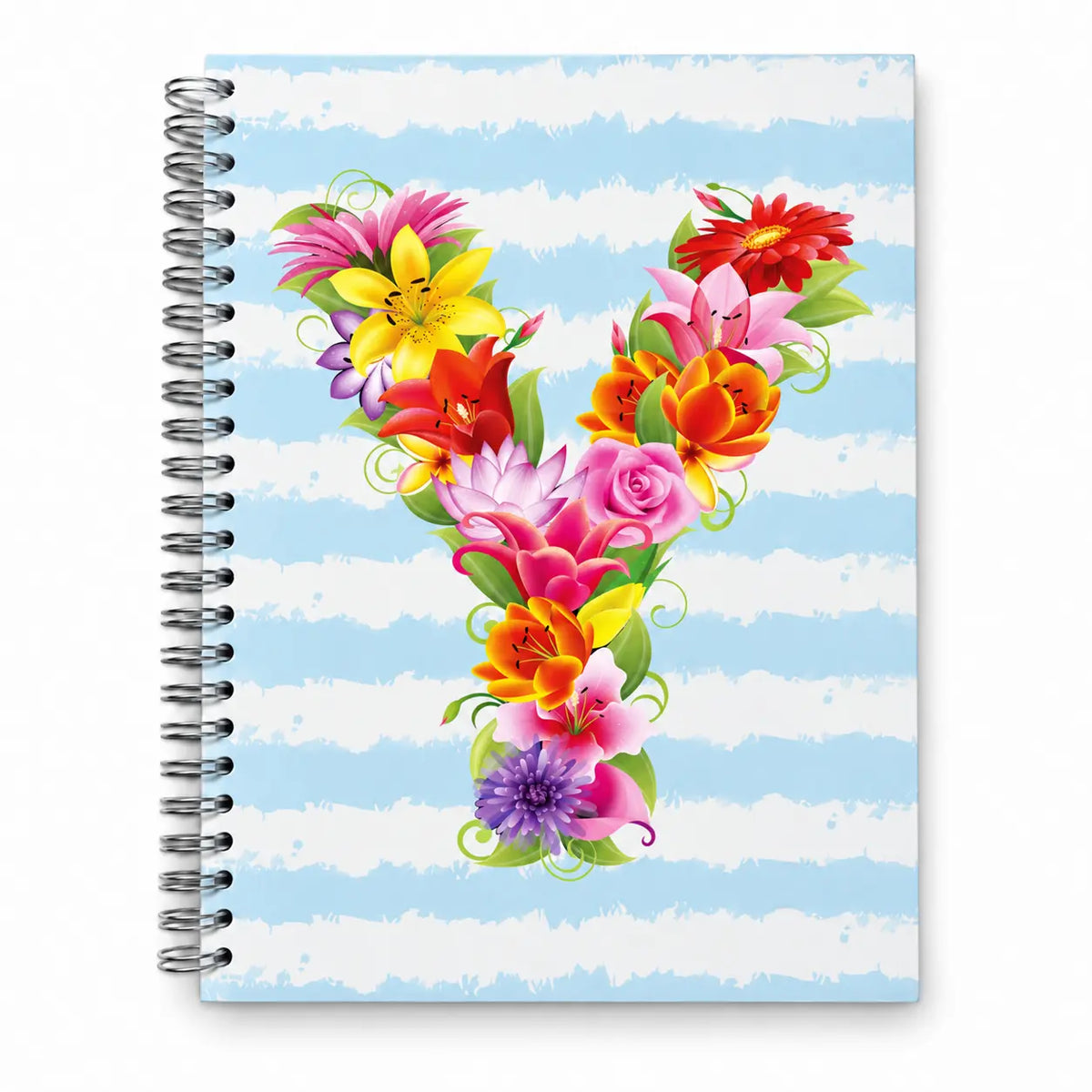 Caderno de argolas A5 com a letra Y na capa, padrão floral com flores coloridas em tons suaves sobre fundo azul | Cucawik