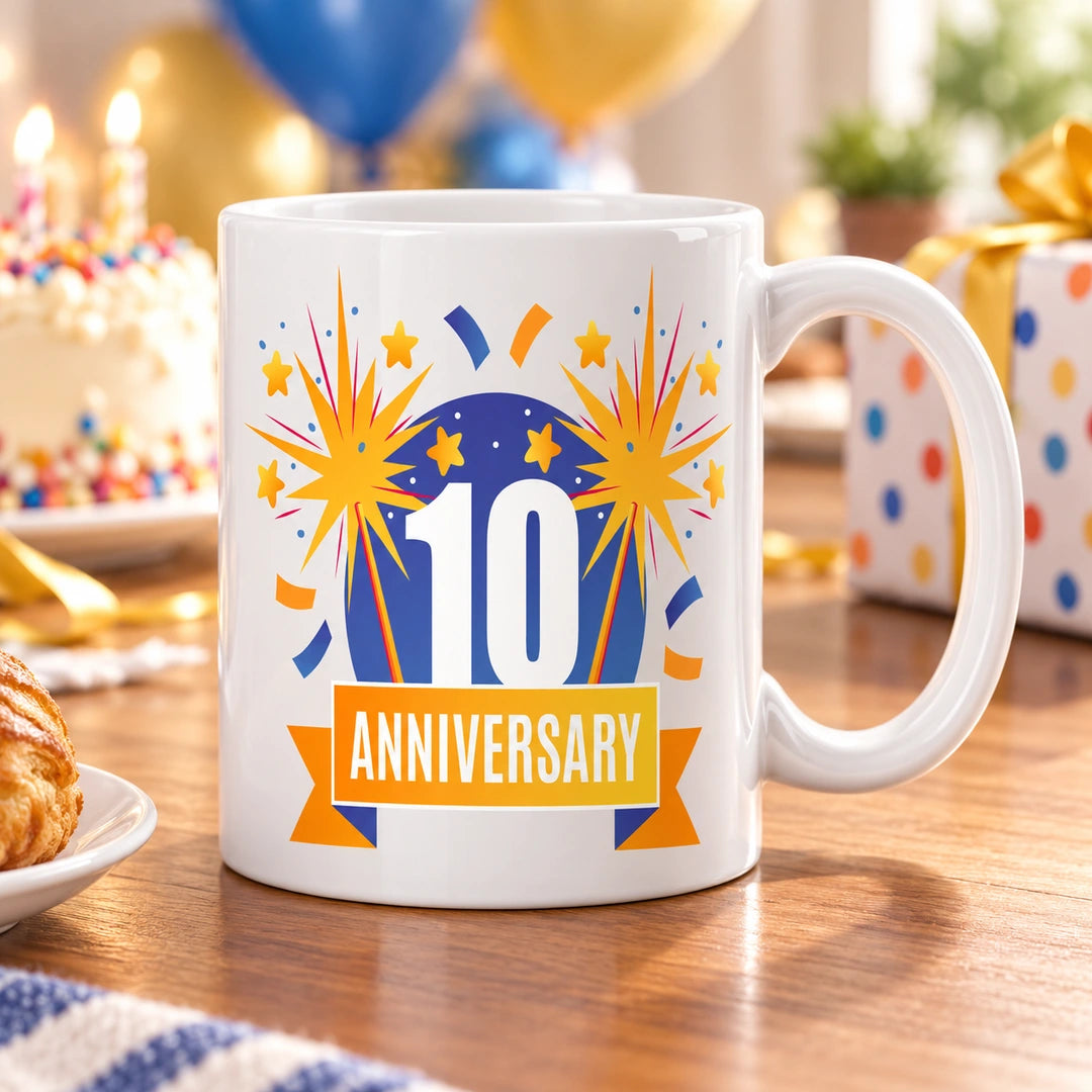 Caneca de Cerâmica 10 Anos de Aniversário em ambiente lifestyle | Cucawik