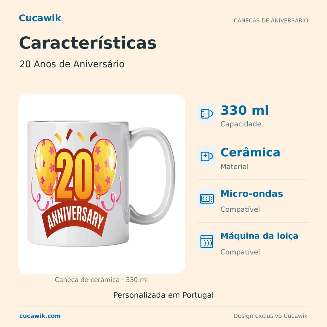 Caneca de Cerâmica 20 Anos de Aniversário — Características | Cucawik