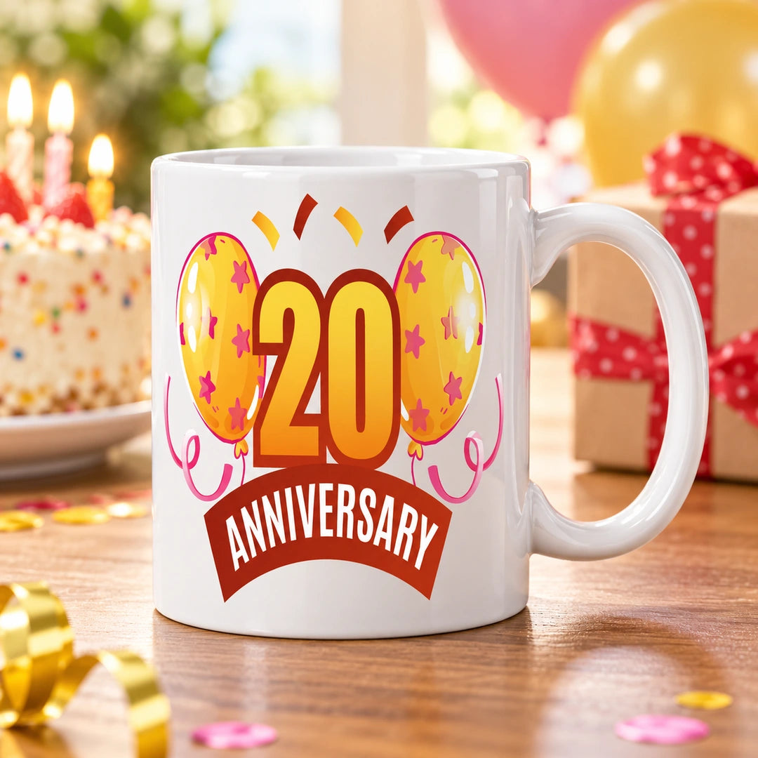 Caneca de Cerâmica 20 Anos de Aniversário em ambiente lifestyle | Cucawik