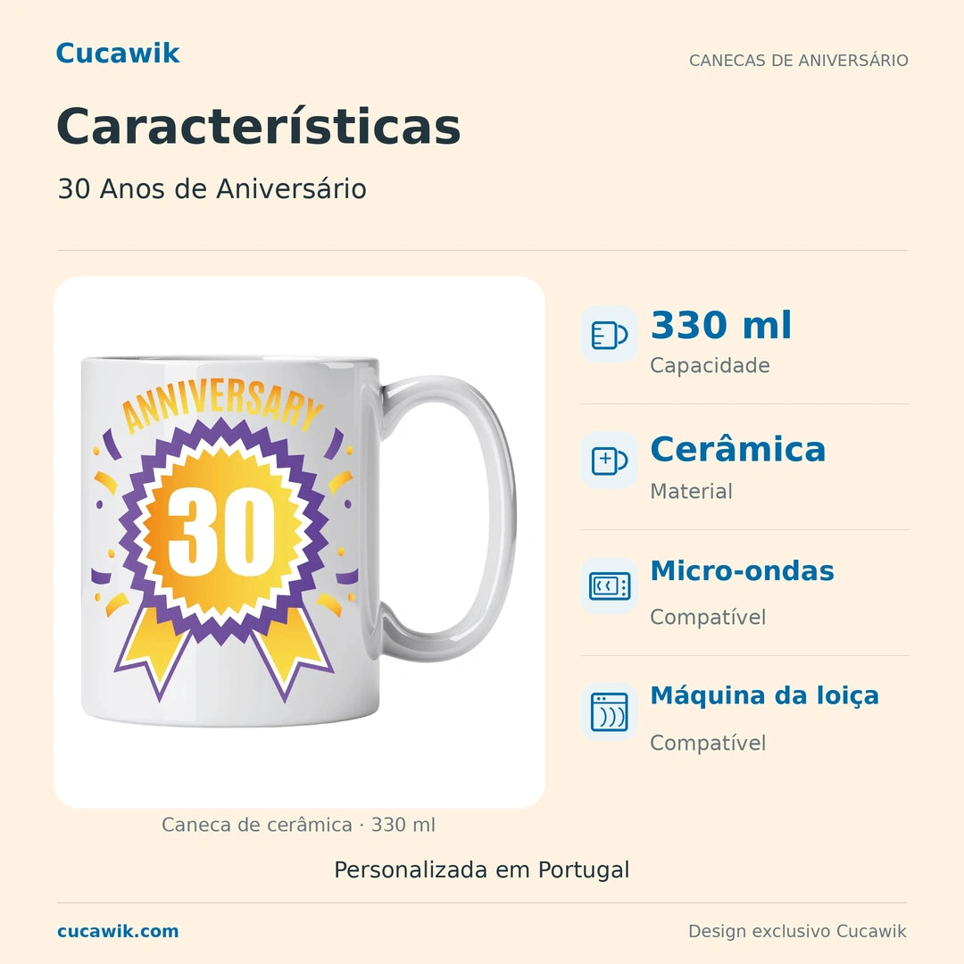 Caneca de Cerâmica 30 Anos de Aniversário — Características | Cucawik