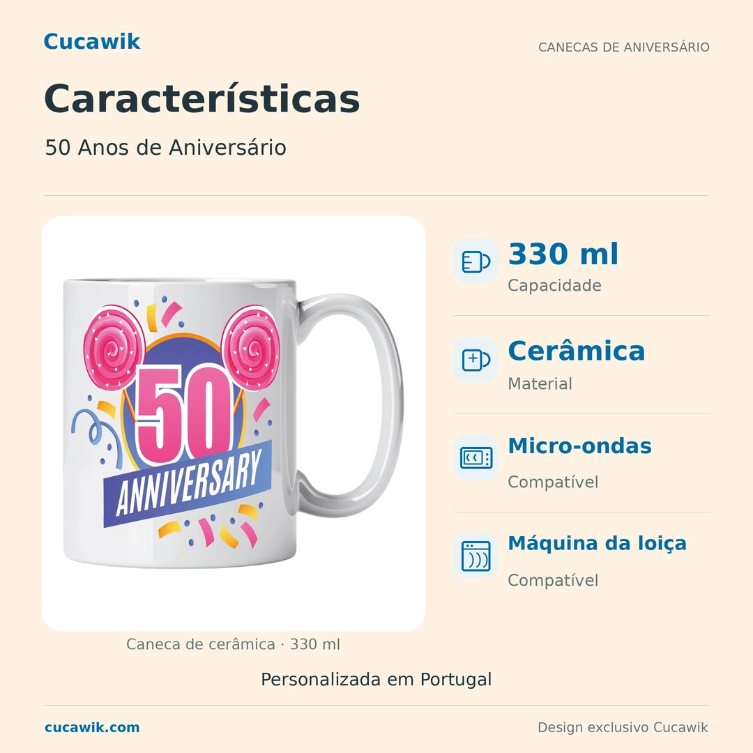 Caneca de Cerâmica 50 Anos de Aniversário — Características | Cucawik