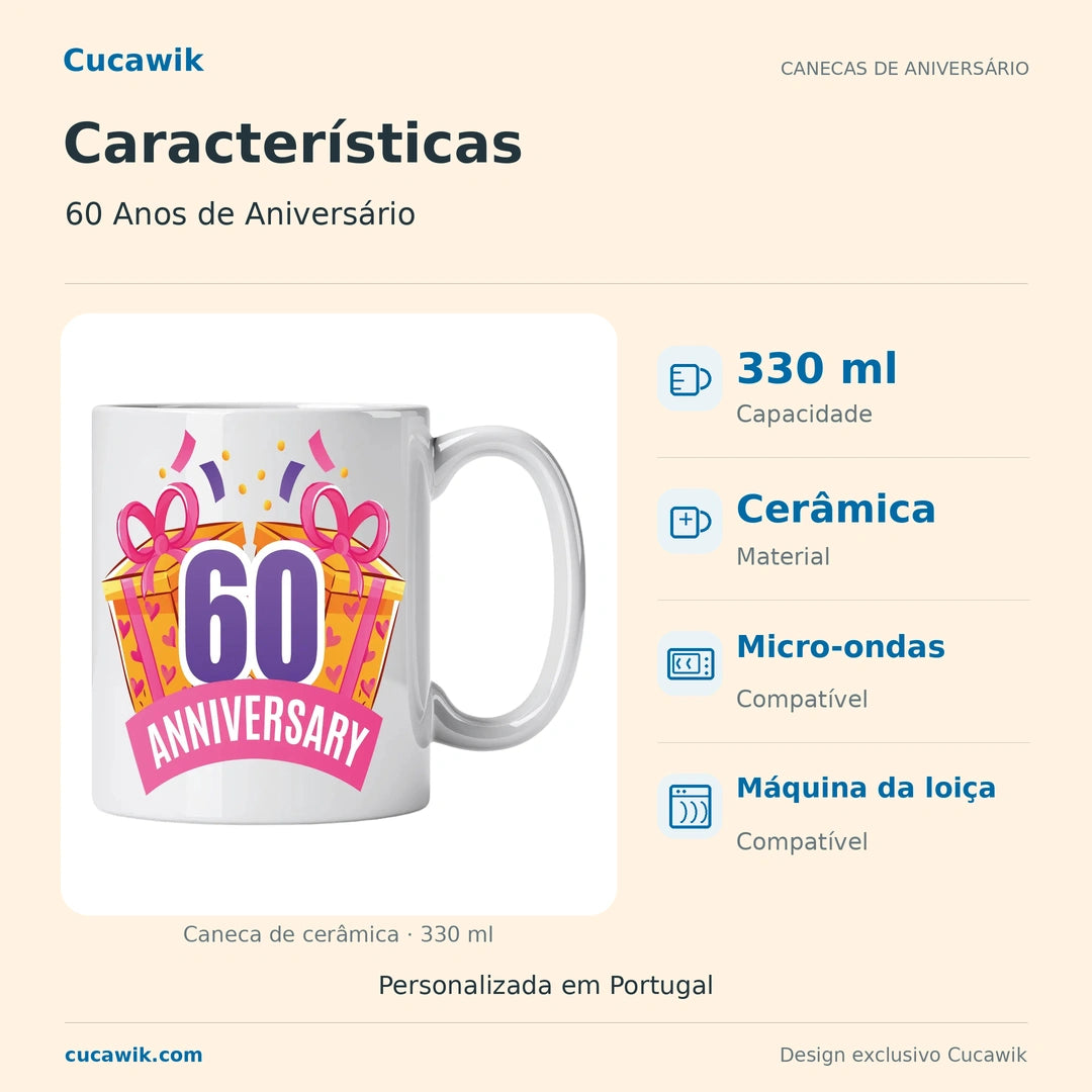 Caneca de Cerâmica 60 Anos de Aniversário — Características | Cucawik