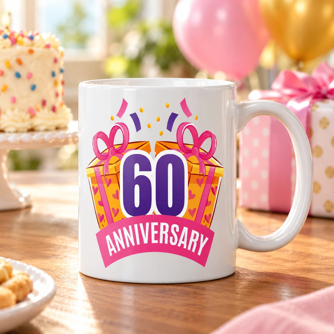 Caneca de Cerâmica 60 Anos de Aniversário em ambiente lifestyle | Cucawik