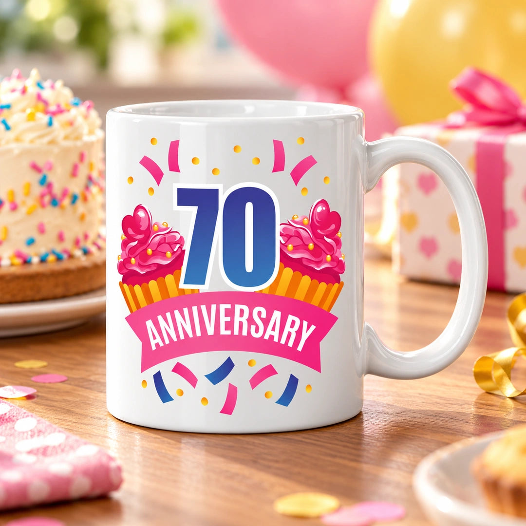 Caneca de Cerâmica 70 Anos de Aniversário em ambiente lifestyle | Cucawik