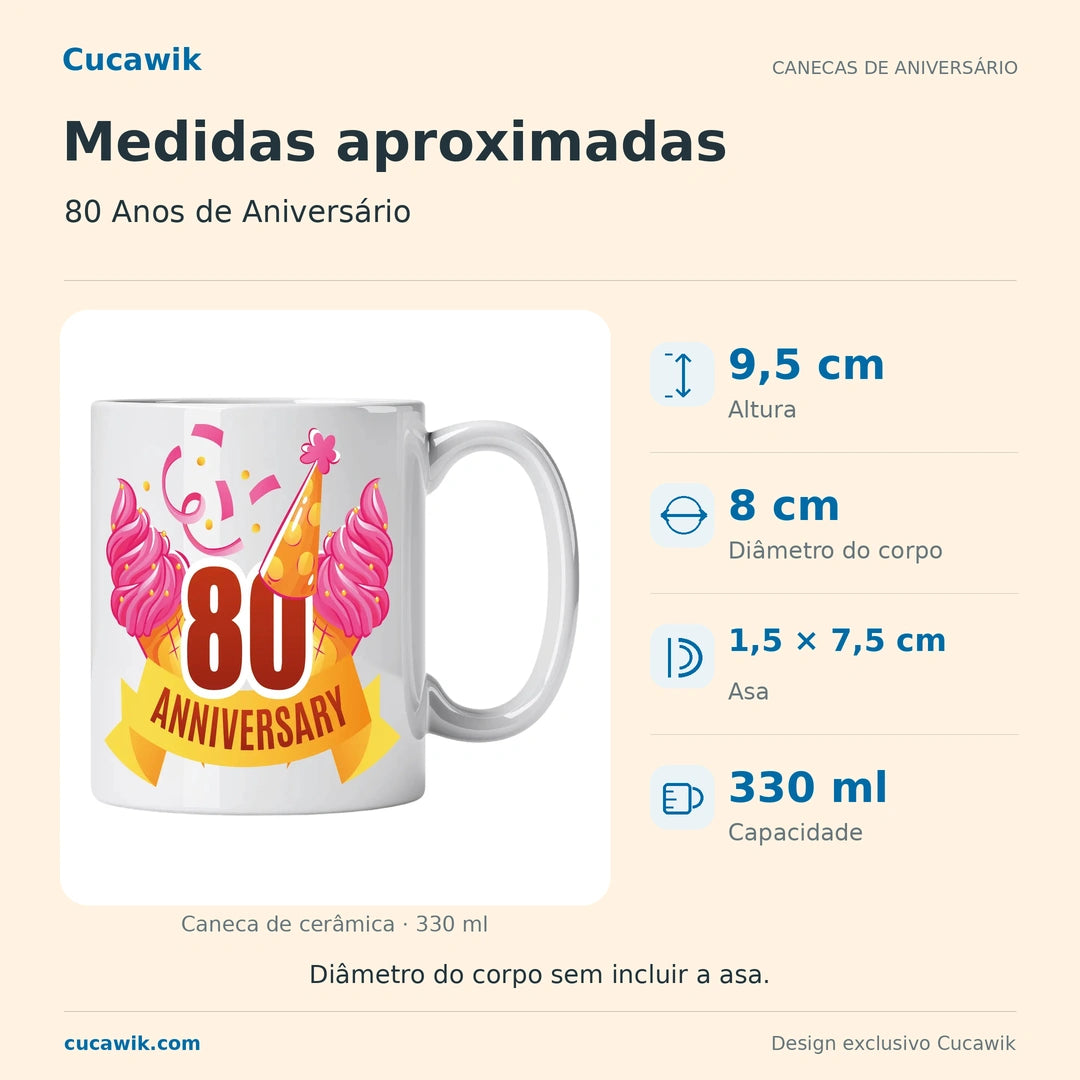 Caneca de Cerâmica 80 Anos de Aniversário — Medidas aproximadas | Cucawik