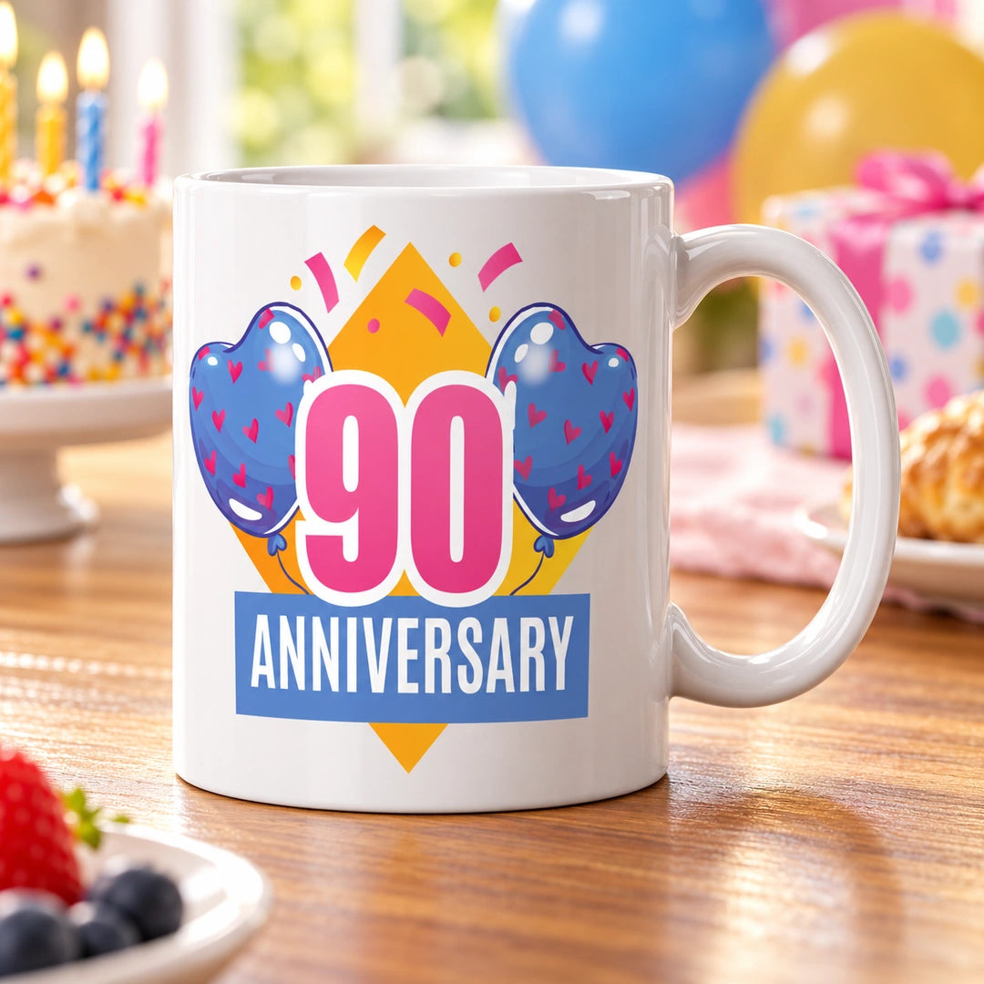 Caneca de Cerâmica 90 Anos de Aniversário em ambiente lifestyle | Cucawik