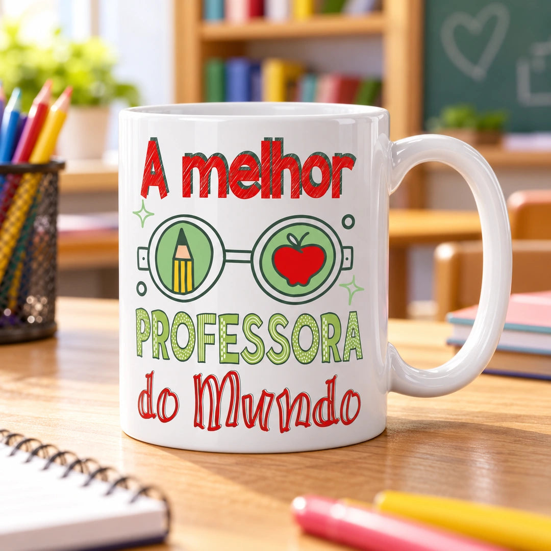 Caneca de Cerâmica com Frase "A Melhor Professora do Mundo" em ambiente lifestyle | Cucawik