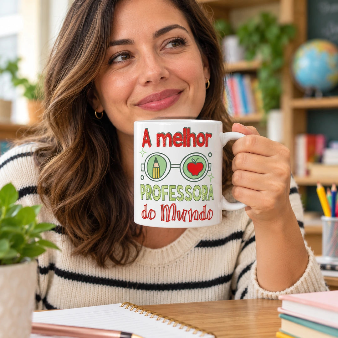 Caneca de Cerâmica com Frase "A Melhor Professora do Mundo" em utilização | Cucawik
