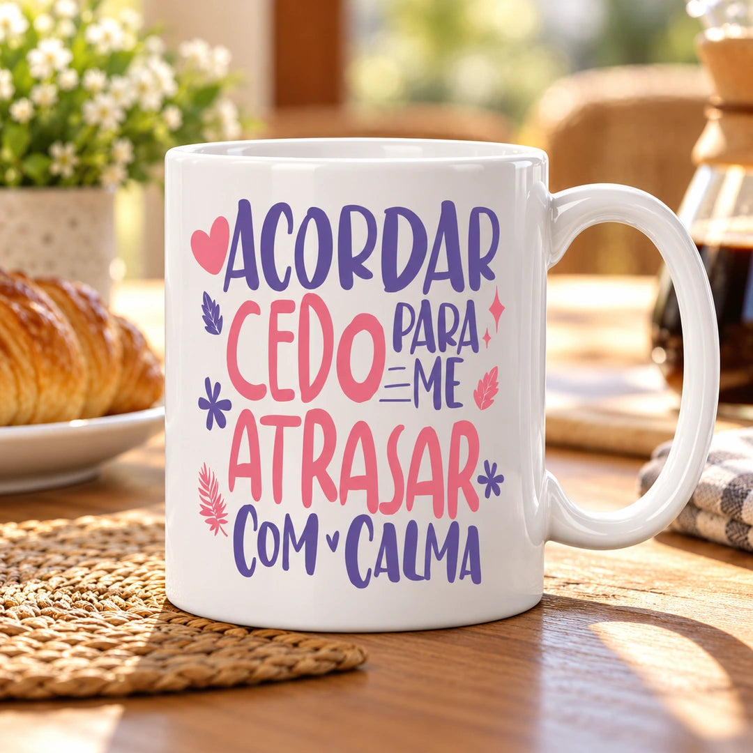 Caneca de Cerâmica com Frase "Acordar Cedo Para Me Atrasar com Calma" em ambiente lifestyle | Cucawik