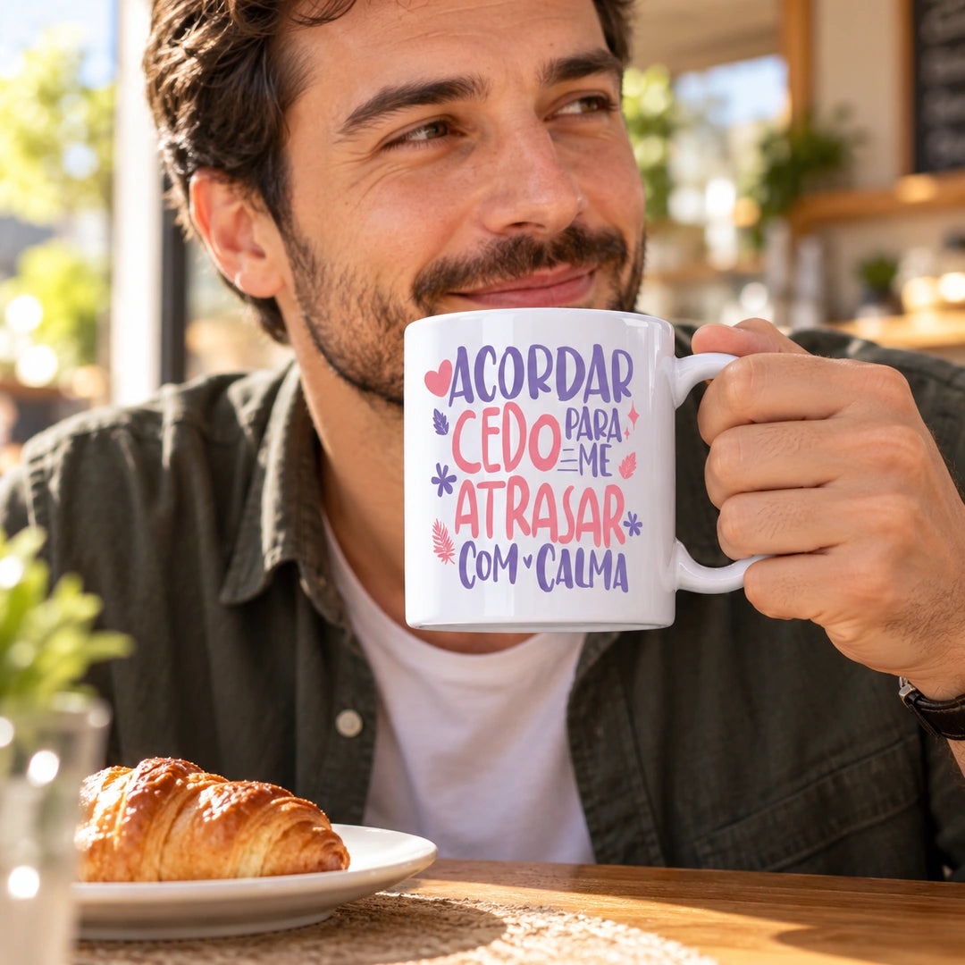 Caneca de Cerâmica com Frase "Acordar Cedo Para Me Atrasar com Calma" em utilização | Cucawik
