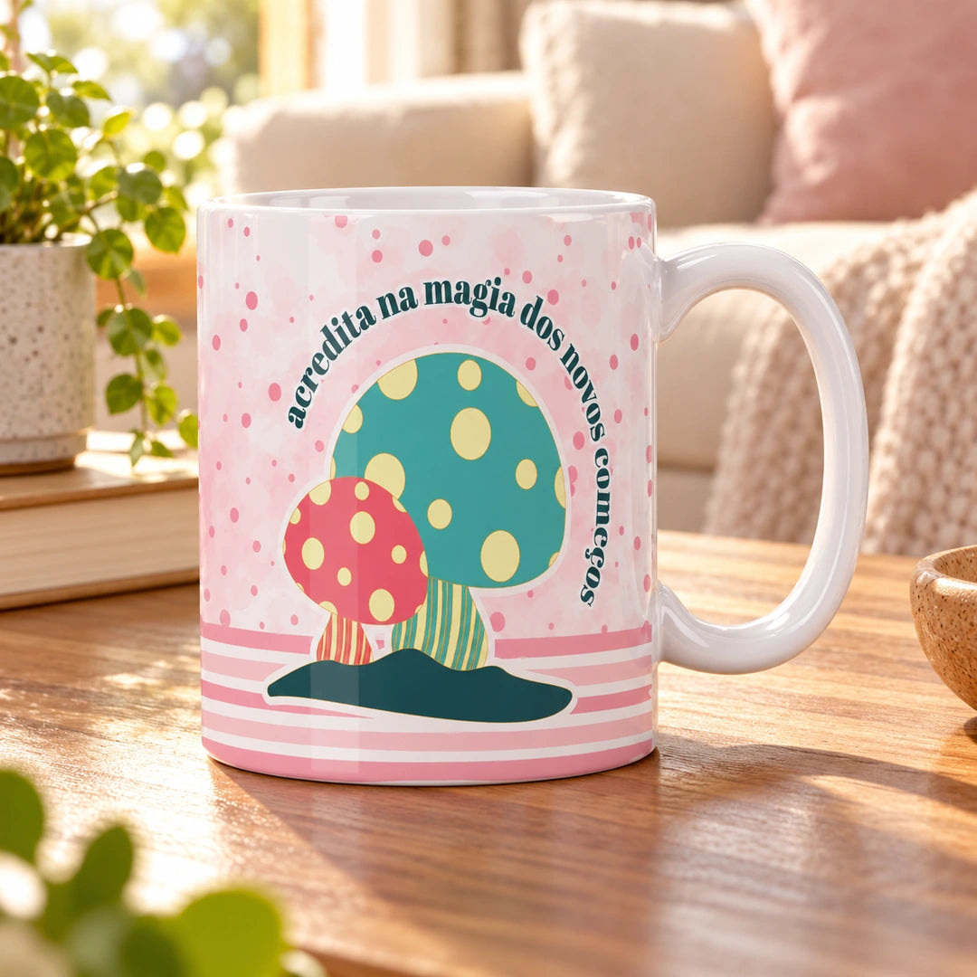 Caneca de Cerâmica com Frase "Acredita na Magia dos Novos Começos" em ambiente lifestyle | Cucawik