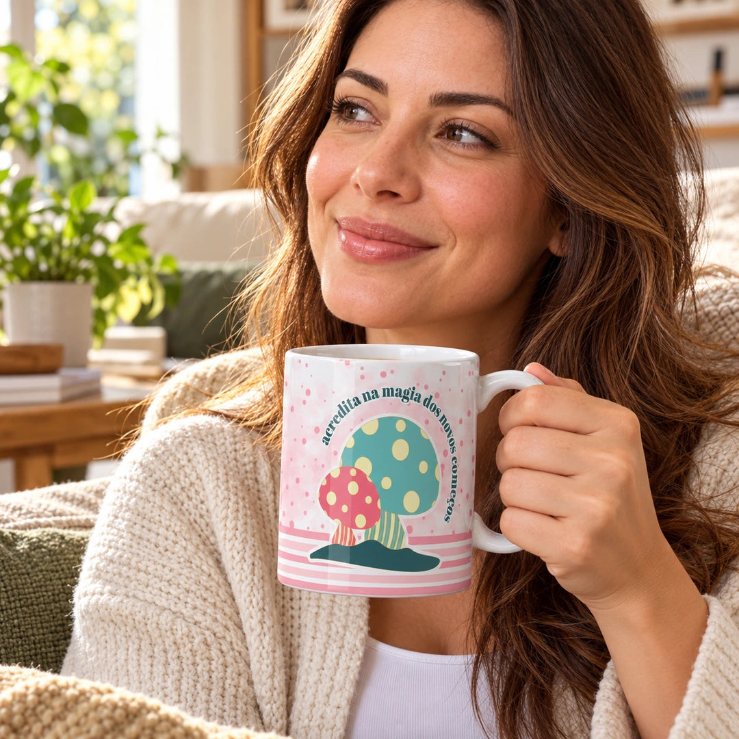 Caneca de Cerâmica com Frase "Acredita na Magia dos Novos Começos" em utilização | Cucawik