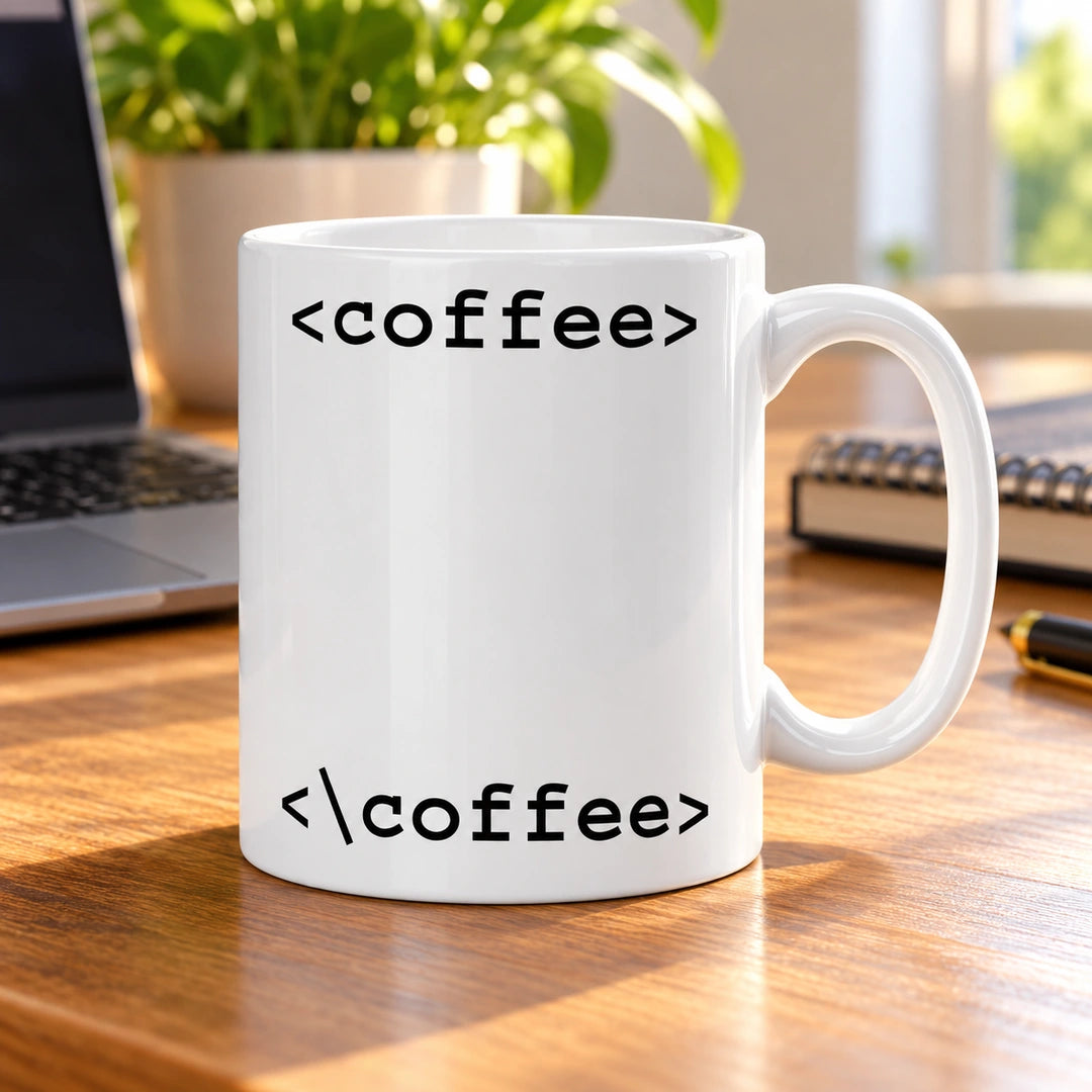 Caneca de Cerâmica com Frase "<coffee> <\coffee>" em ambiente lifestyle | Cucawik