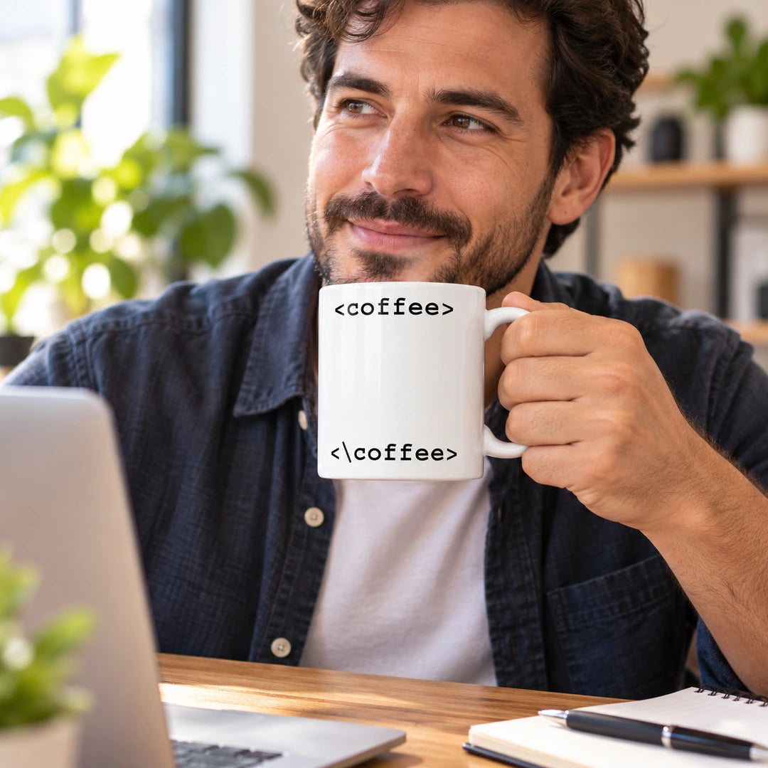 Caneca de Cerâmica com Frase "<coffee> <\coffee>" em utilização | Cucawik