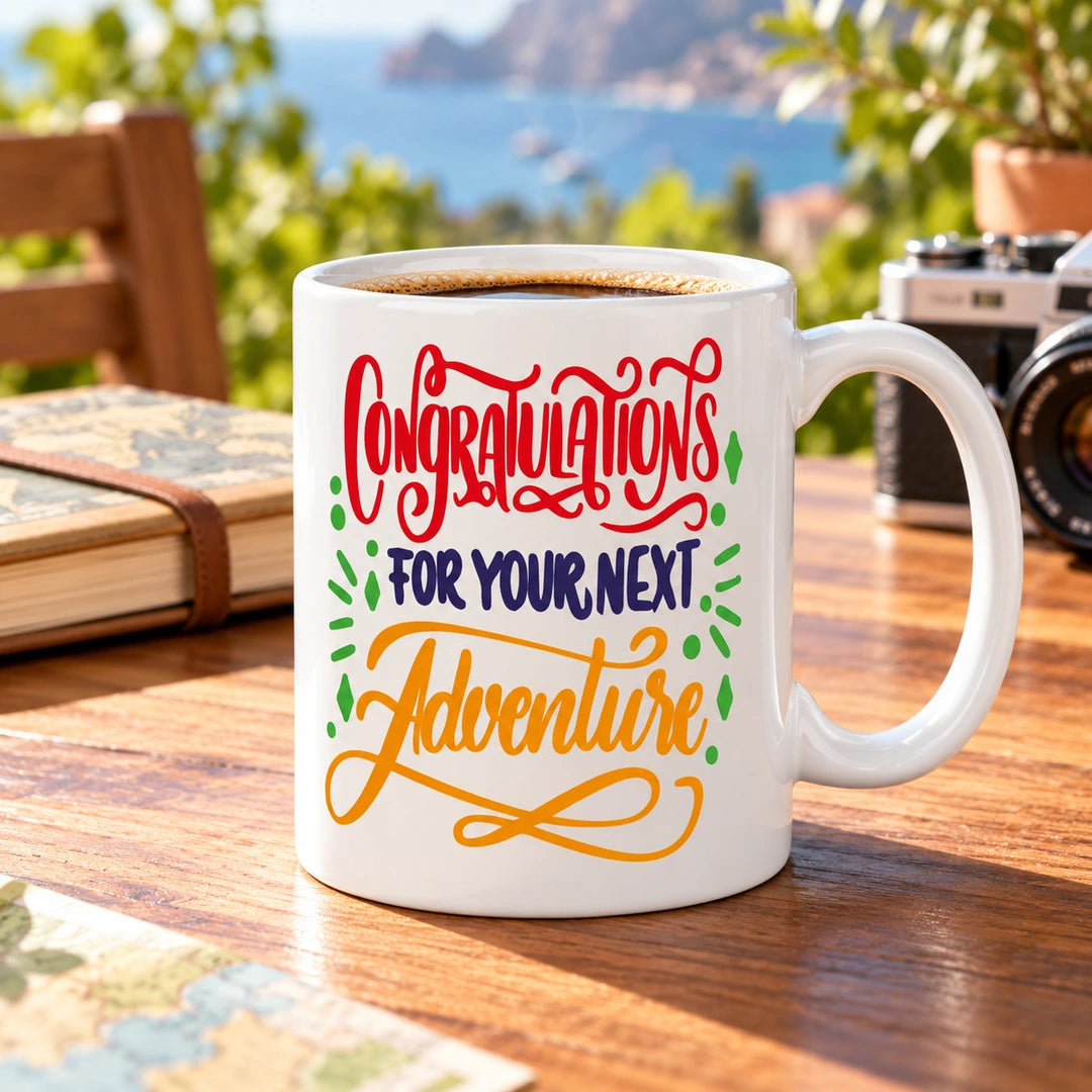 Caneca de Cerâmica com Frase "Congratulations on Your Next Adventure" em ambiente lifestyle | Cucawik