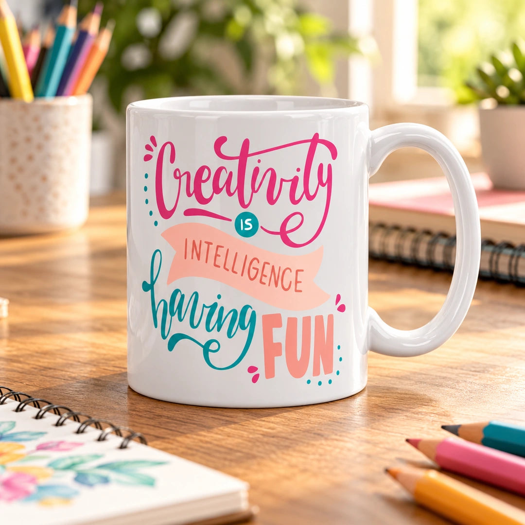 Caneca de Cerâmica com Frase "Creativity Is Intelligence Having Fun" em ambiente lifestyle | Cucawik