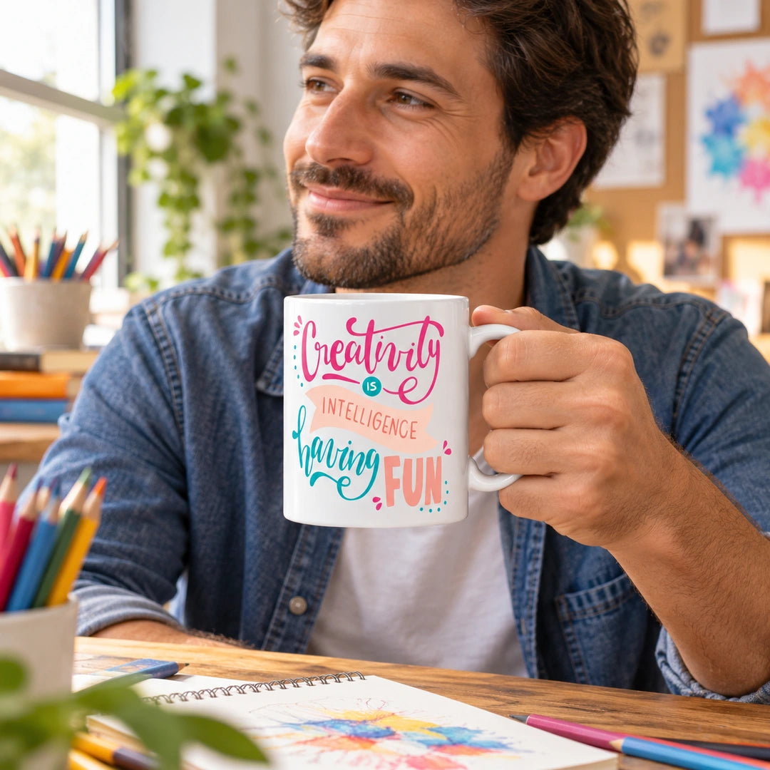 Caneca de Cerâmica com Frase "Creativity Is Intelligence Having Fun" em utilização | Cucawik