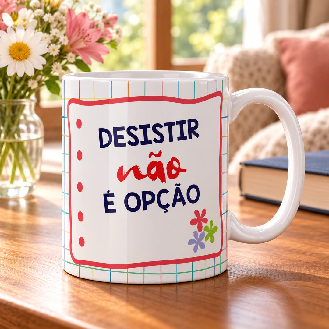 Caneca de Cerâmica com Frase "Desistir Não é Opção" em ambiente lifestyle | Cucawik
