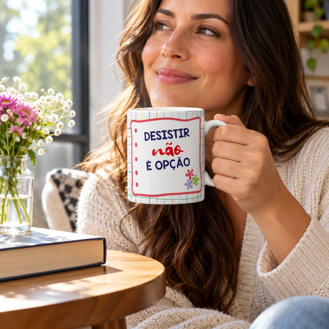 Caneca de Cerâmica com Frase "Desistir Não é Opção" em utilização | Cucawik