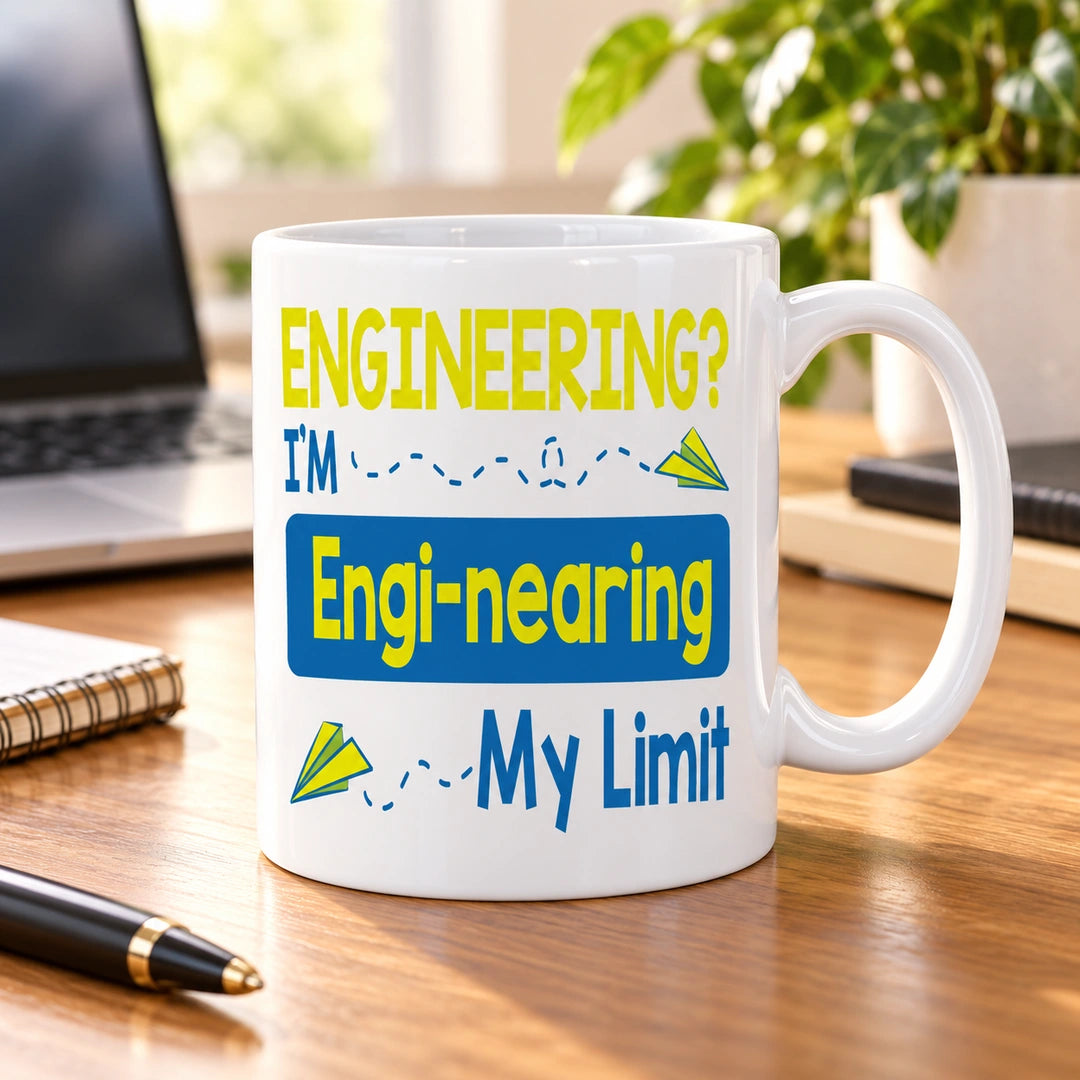 Caneca de Cerâmica com Frase "Engineering? I'm Engi-nearing My Limit" em ambiente lifestyle | Cucawik