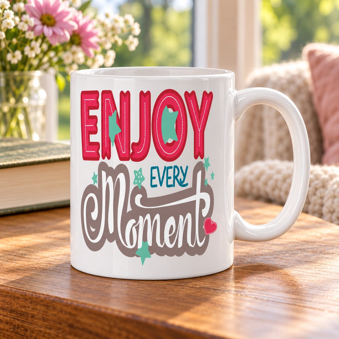 Caneca de Cerâmica com Frase "Enjoy Every Moment" em ambiente lifestyle | Cucawik