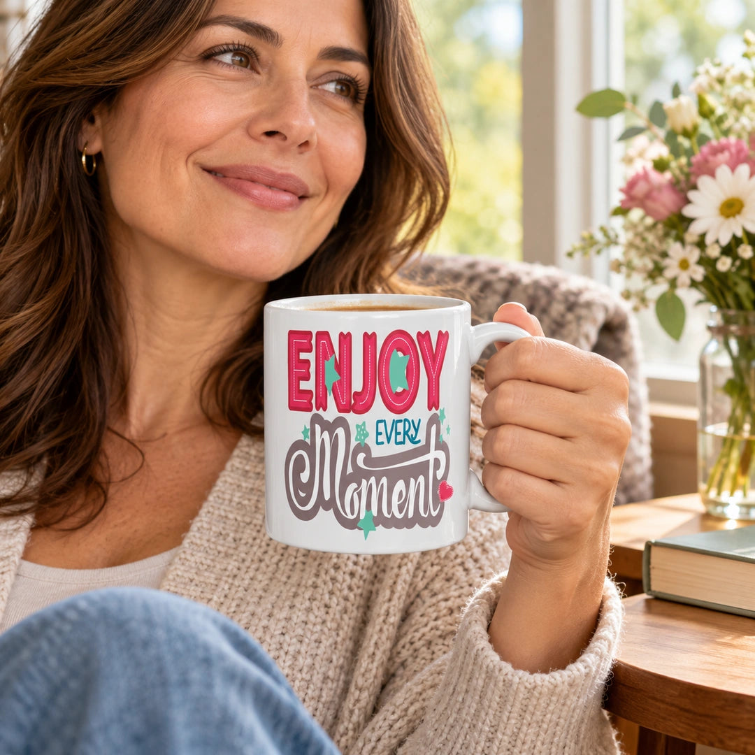 Caneca de Cerâmica com Frase "Enjoy Every Moment" em utilização | Cucawik