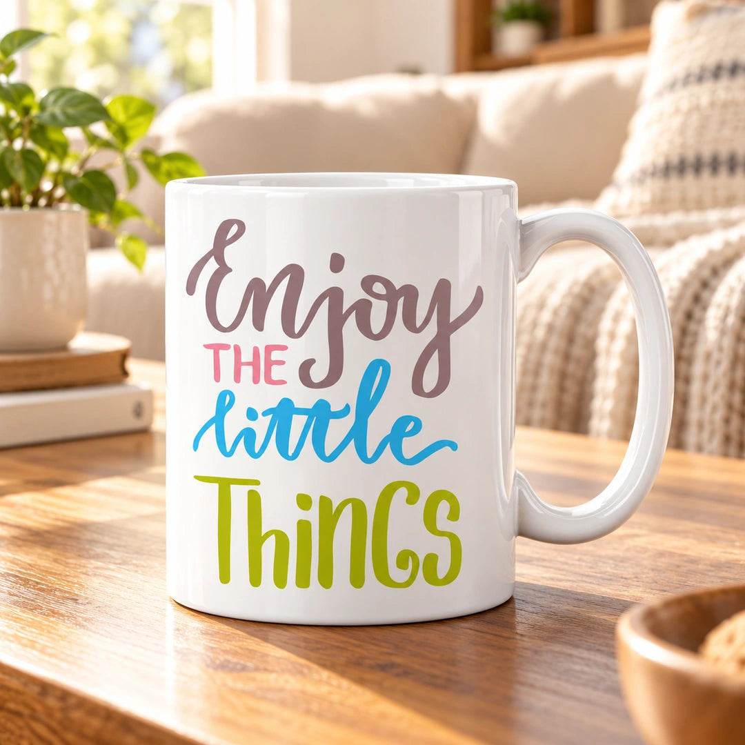Caneca de Cerâmica com Frase "Enjoy the Little Things" em ambiente lifestyle | Cucawik