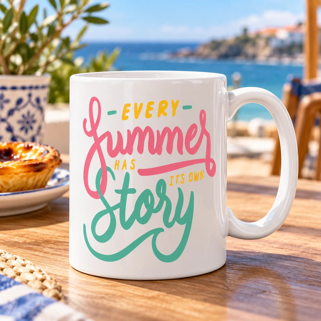 Caneca de Cerâmica com Frase "Every Summer Has Its Own Story" em ambiente lifestyle | Cucawik