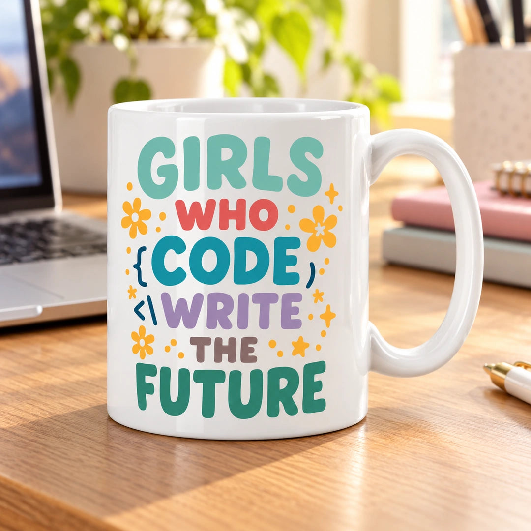 Caneca de Cerâmica com Frase "Girls Who Code Write the Future" em ambiente lifestyle | Cucawik