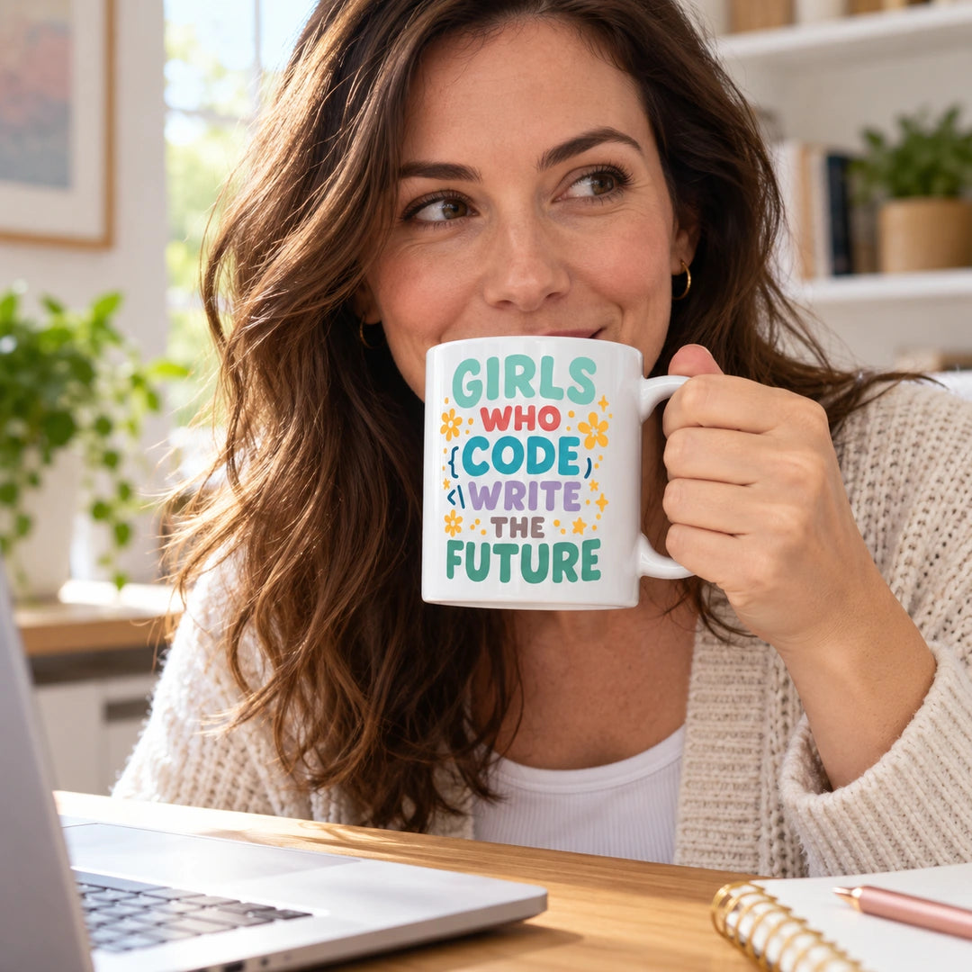 Caneca de Cerâmica com Frase "Girls Who Code Write the Future" em utilização | Cucawik