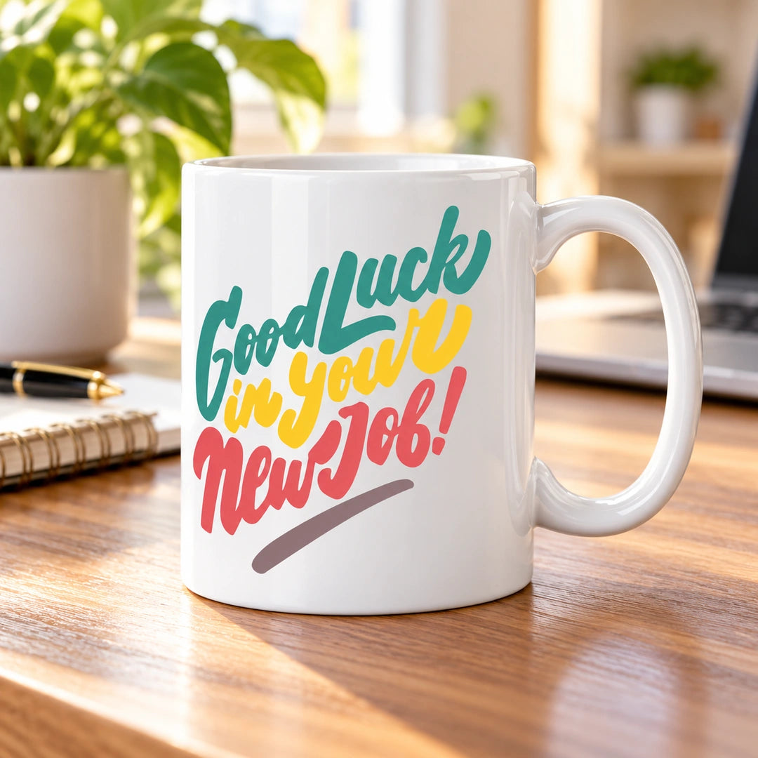 Caneca de Cerâmica com Frase "Good Luck in Your New Job" em ambiente lifestyle | Cucawik
