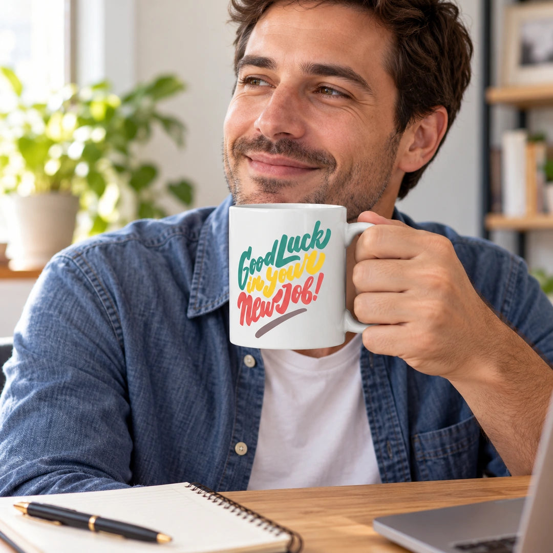 Caneca de Cerâmica com Frase "Good Luck in Your New Job" em utilização | Cucawik