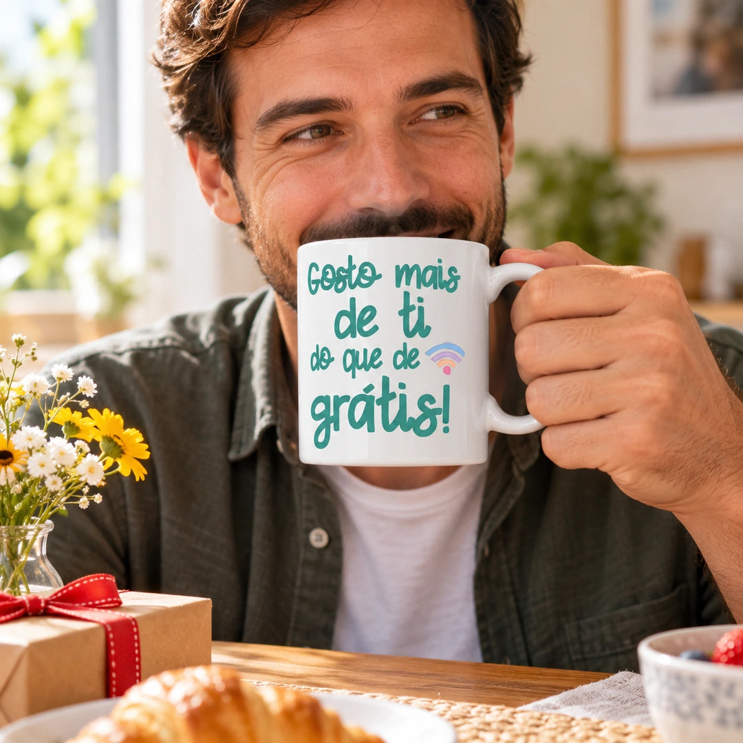 Caneca de Cerâmica com Frase "Gosto Mais de Ti do que de Wi-Fi Grátis!" em utilização | Cucawik