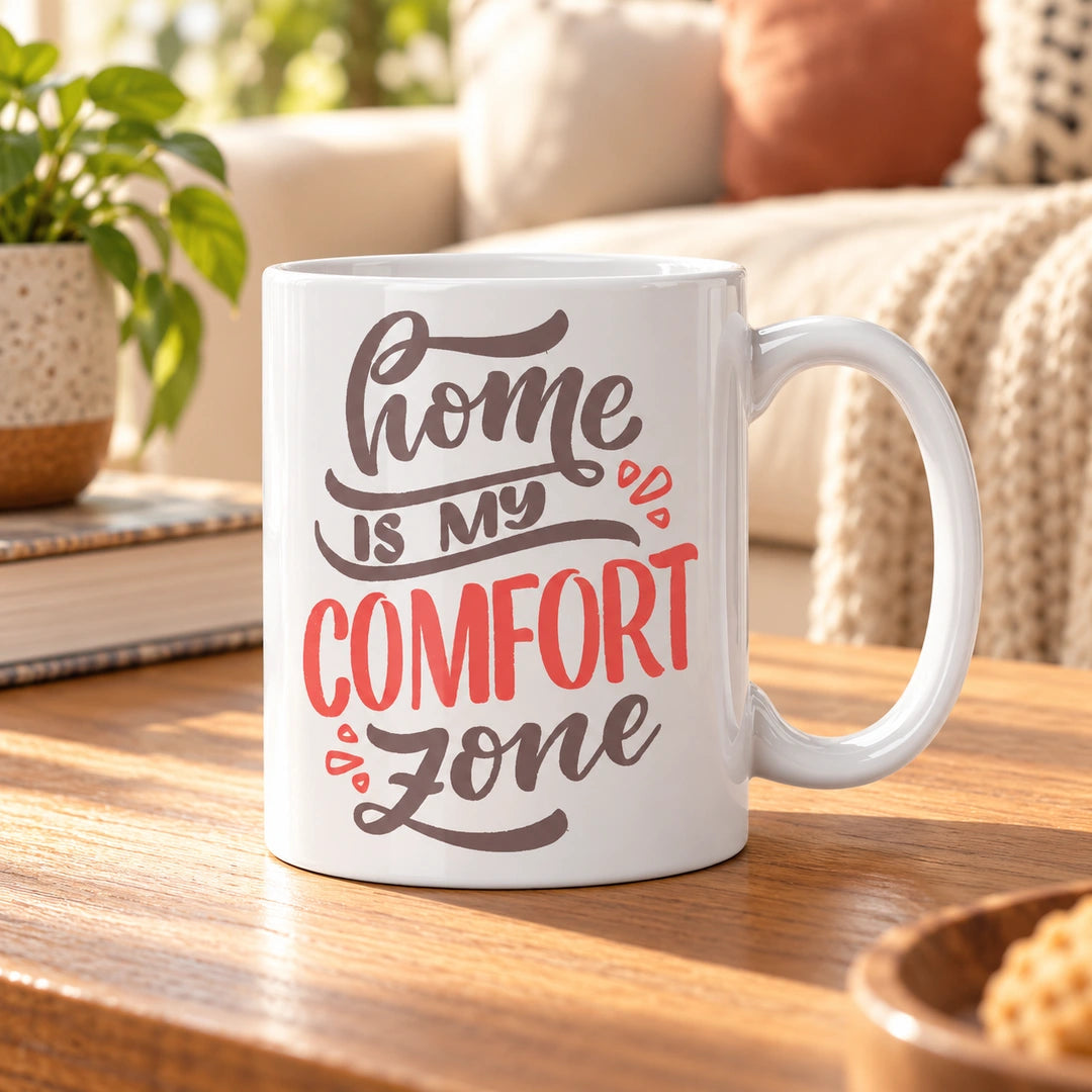 Caneca de Cerâmica com Frase "Home Is My Comfort Zone" em ambiente lifestyle | Cucawik