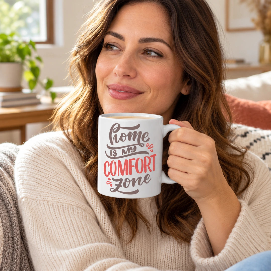 Caneca de Cerâmica com Frase "Home Is My Comfort Zone" em utilização | Cucawik