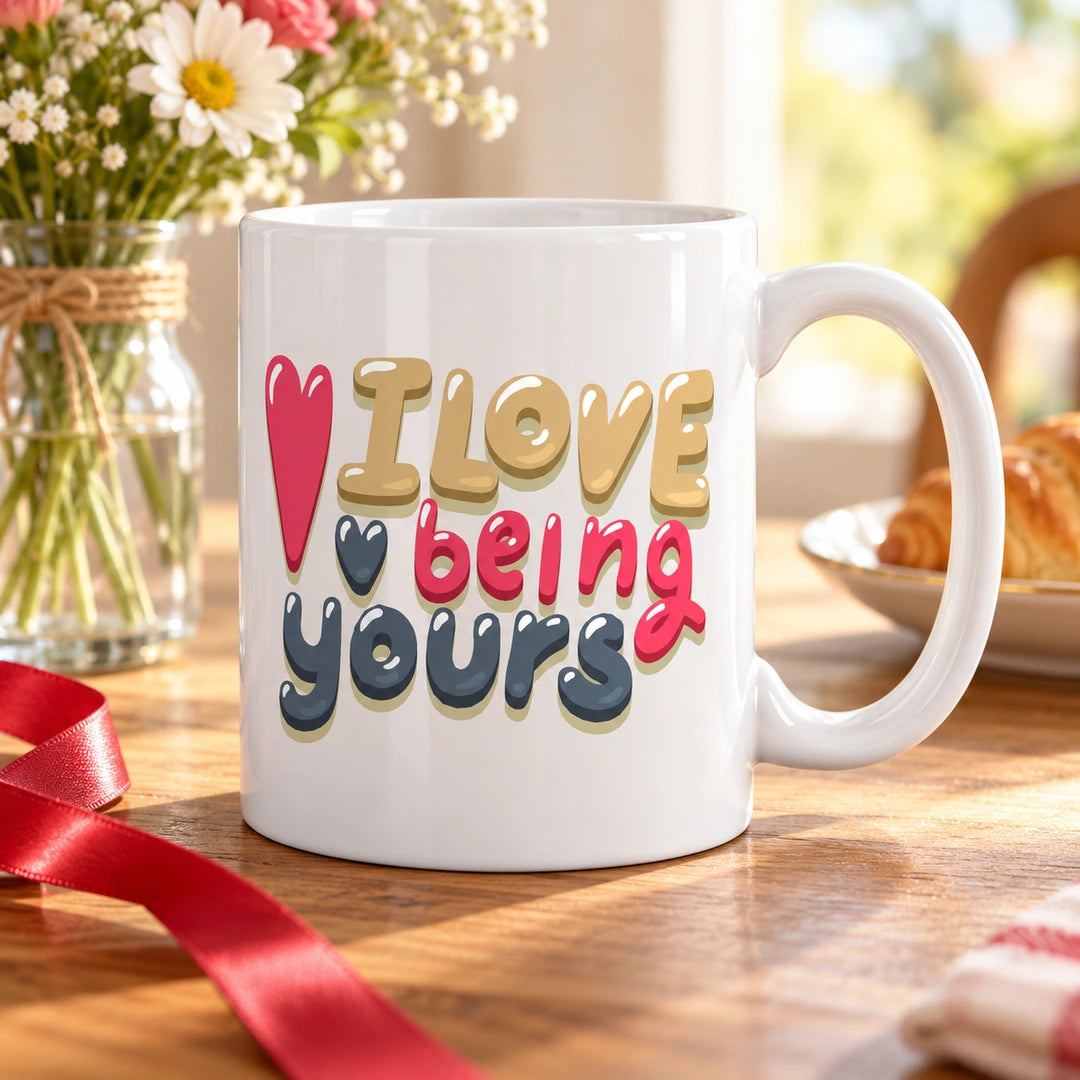 Caneca de Cerâmica com Frase "I Love Being Yours" em ambiente lifestyle | Cucawik