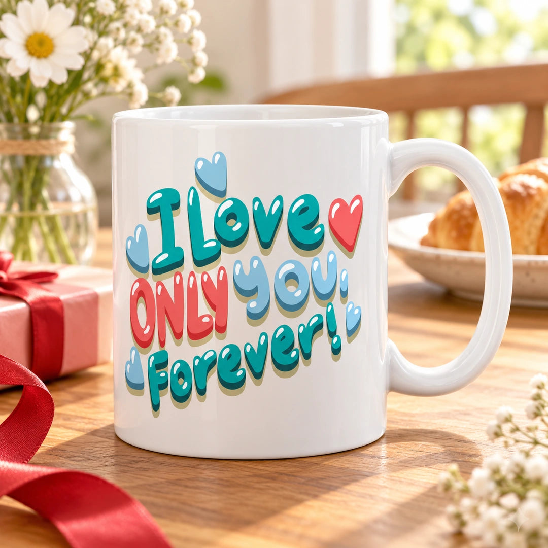 Caneca de Cerâmica com Frase "I Love Only You Forever" em ambiente lifestyle | Cucawik