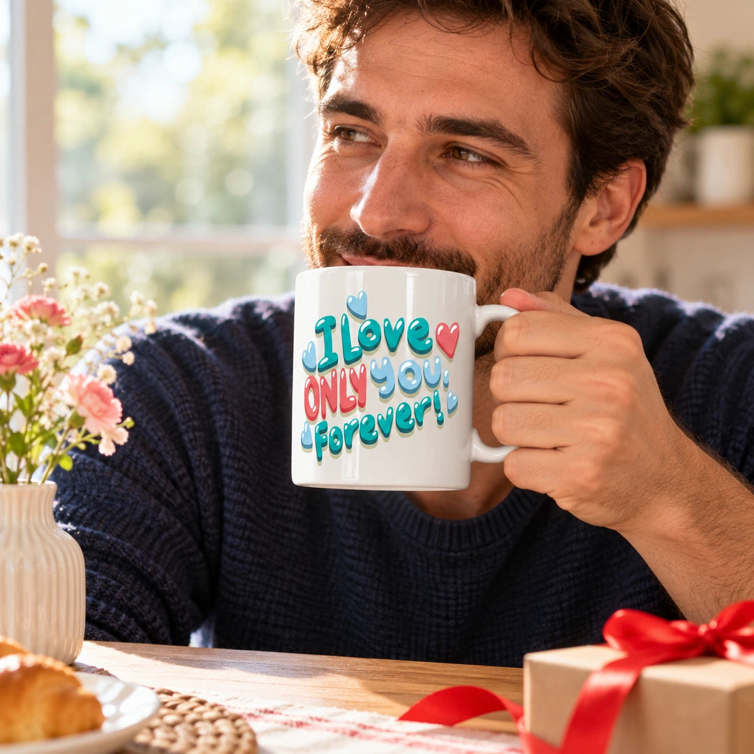 Caneca de Cerâmica com Frase "I Love Only You Forever" em utilização | Cucawik