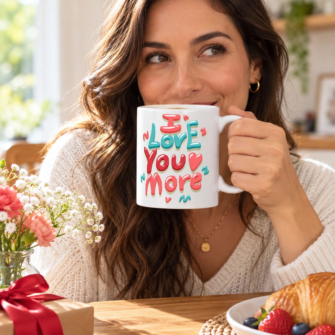 Caneca de Cerâmica com Frase "I Love You More" em utilização | Cucawik