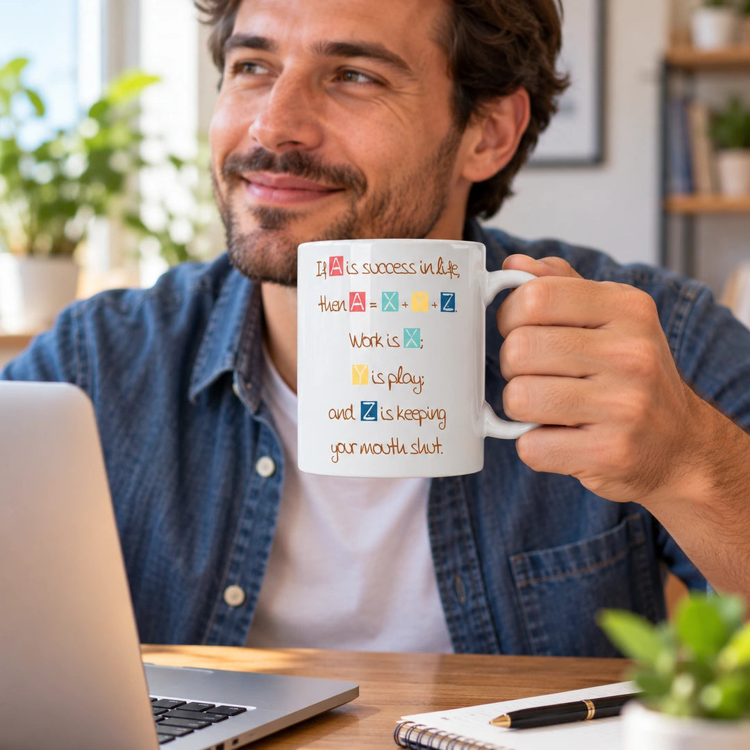 Caneca de Cerâmica com Frase "If A Is Success in Life; Then A = X + Y + Z..." em utilização | Cucawik