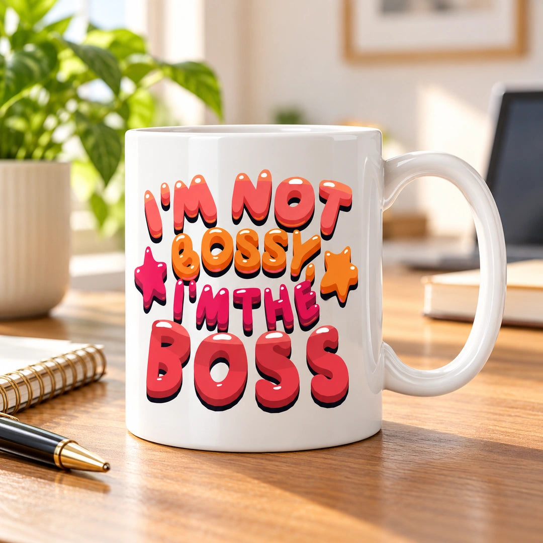 Caneca de Cerâmica com Frase "I'm Not Bossy, I'm The Boss" em ambiente lifestyle | Cucawik