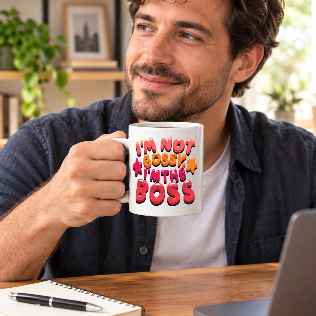 Caneca de Cerâmica com Frase "I'm Not Bossy, I'm The Boss" em utilização | Cucawik