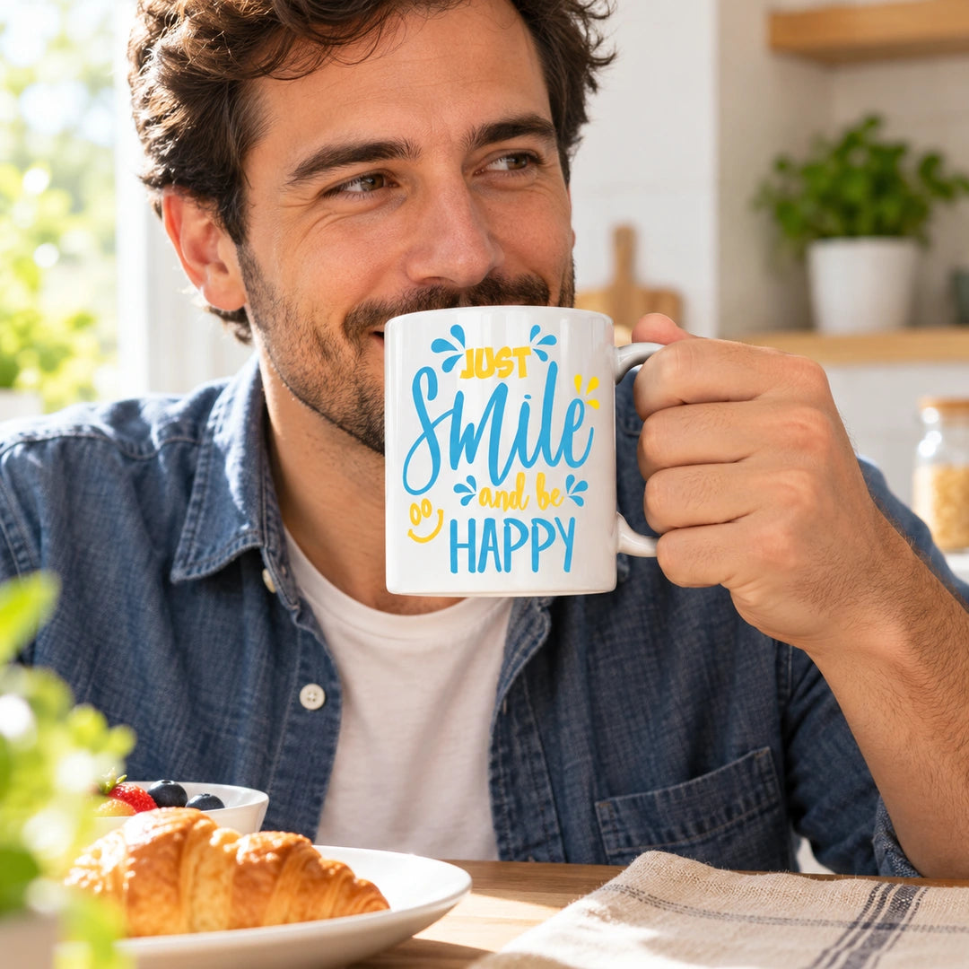 Caneca de Cerâmica com Frase "Just Smile and Be Happy" em utilização | Cucawik