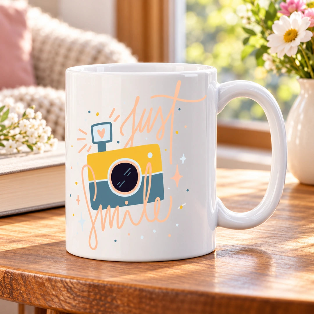 Caneca de Cerâmica com Frase "Just Smile" em ambiente lifestyle | Cucawik